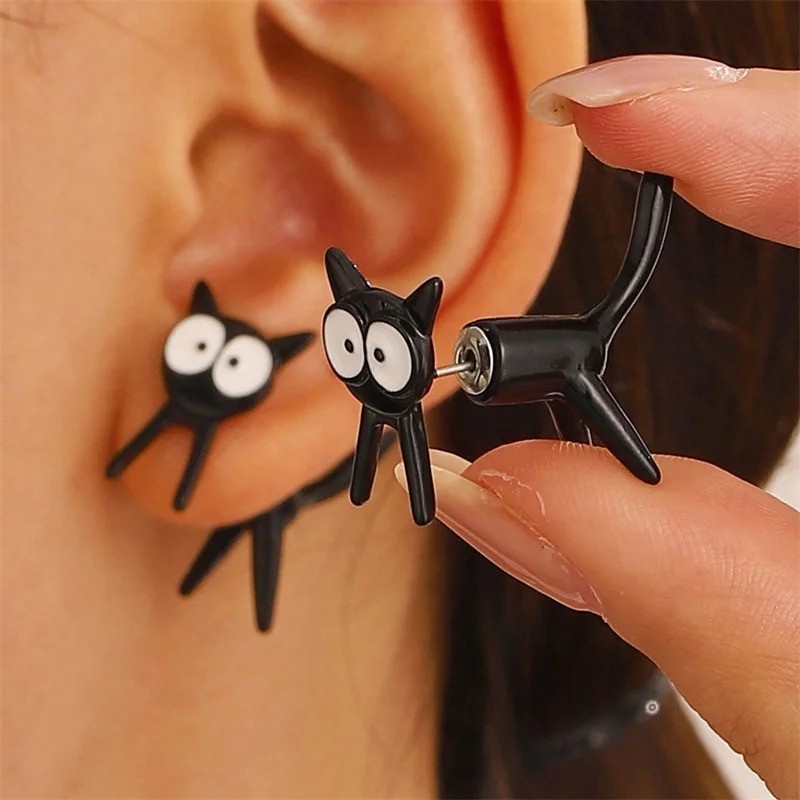 1 Pair Black & White Cat Front & Back Earrings – Cute Animal Pet Jewelry Gift