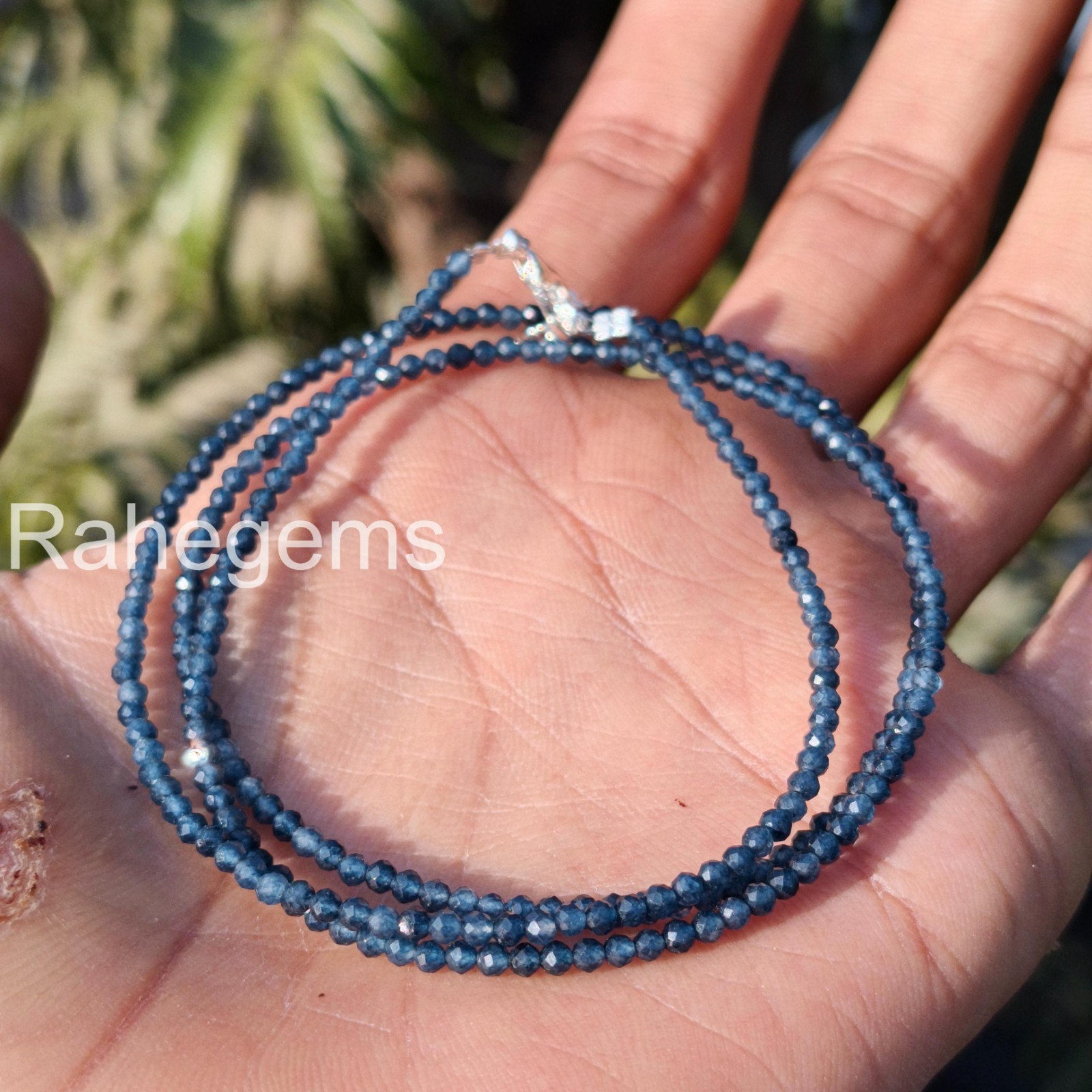 Blue Sapphire Necklace 2mm Micro Faceted Beads, Dainty Real Gemstone Choker, Min