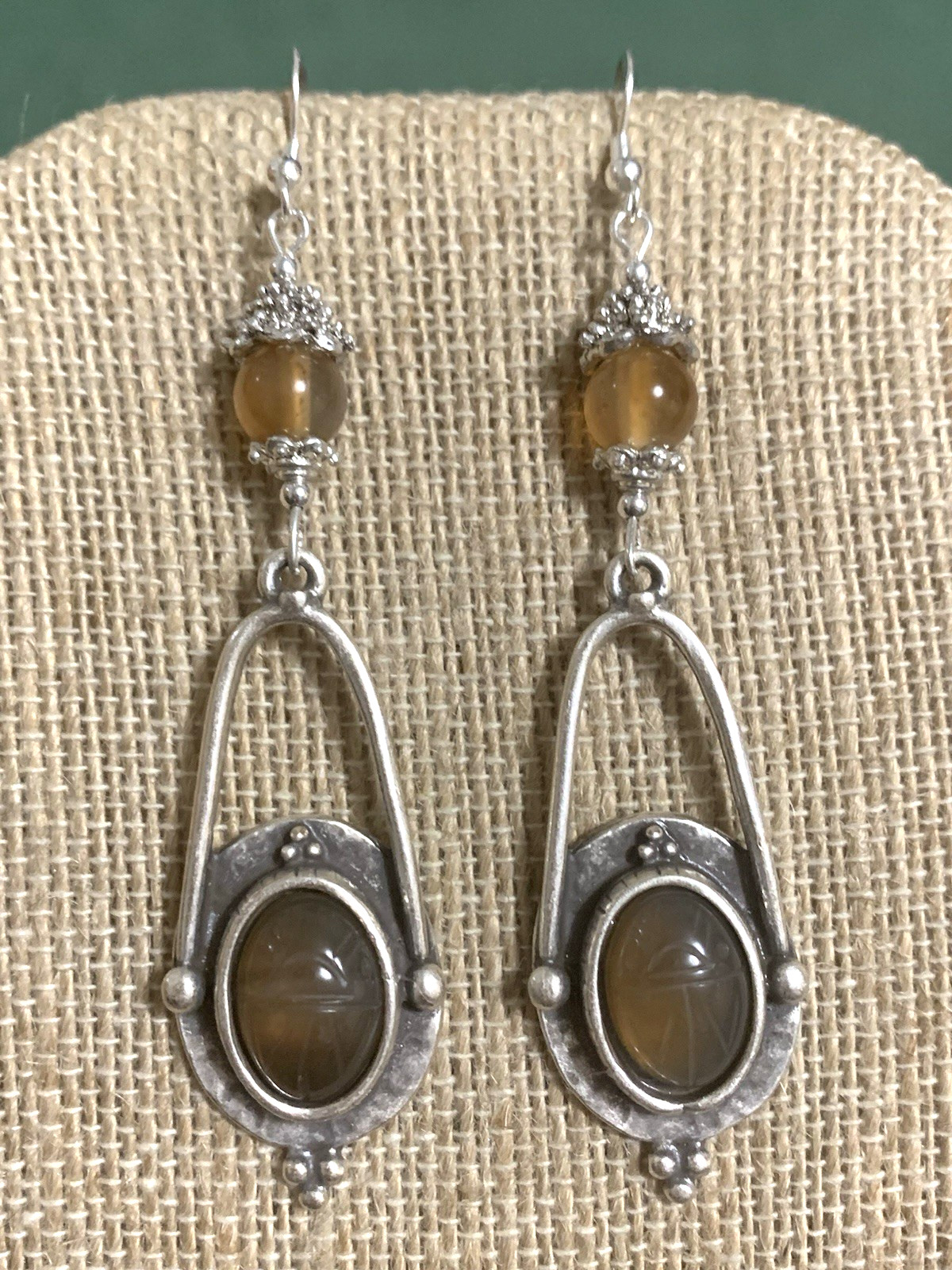 ON SALE*HANDCRAFTED EGYPT CARVED VTG. AMBER CHALCEDONY SCARAB EARRINGS-NEW.s
