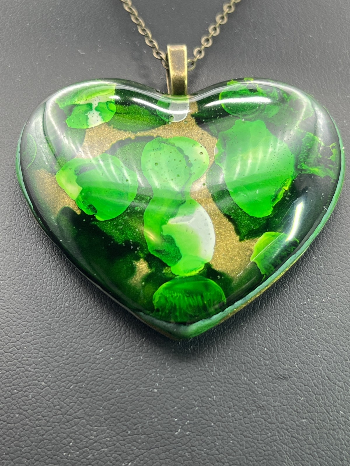 Heart pendant, abstract, art w/ green gold, black & white on custom bronze chain
