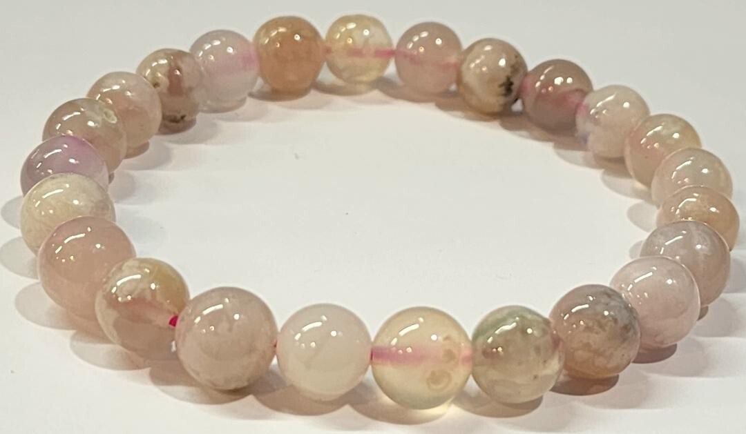 8mm Flower Agate Natural Round Gemstone Bead 7-inch Stretch Bracelet