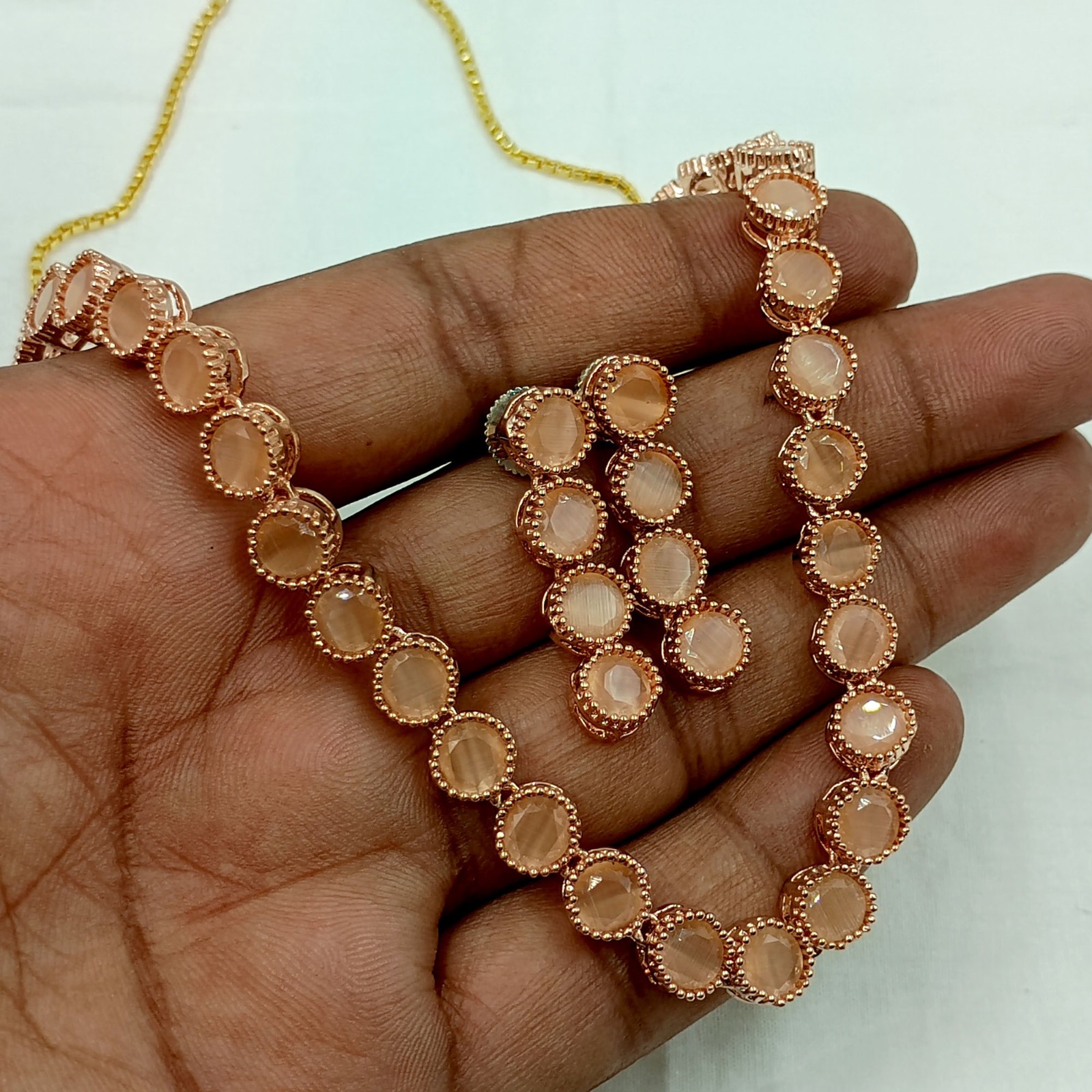 22K Gold Plated Peach Moonstone Bridal Necklace & Earrings Set India Jewelry