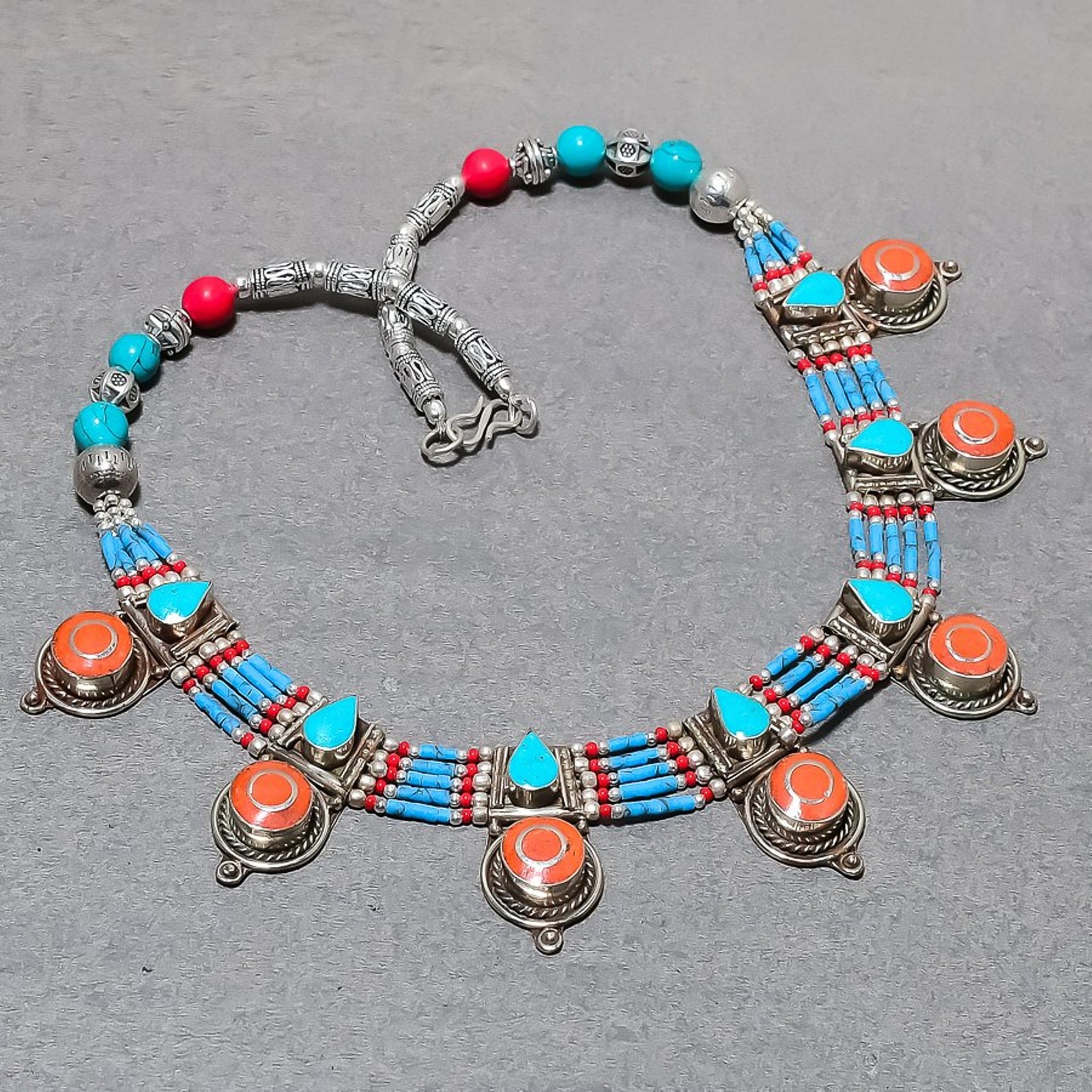 Red Coral Tibetan Turquoise Handmade Bohemian Nepali Jewelry Necklace 18″ SR65