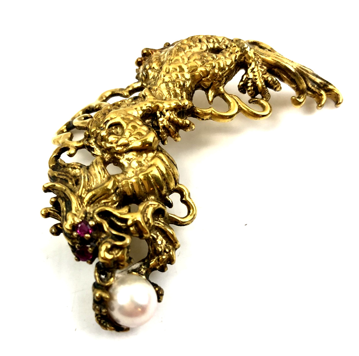 Vtg Antique Mark EN 87 Sterling Silver Gold Chinese Dragon Ruby Yes Brooch Pin
