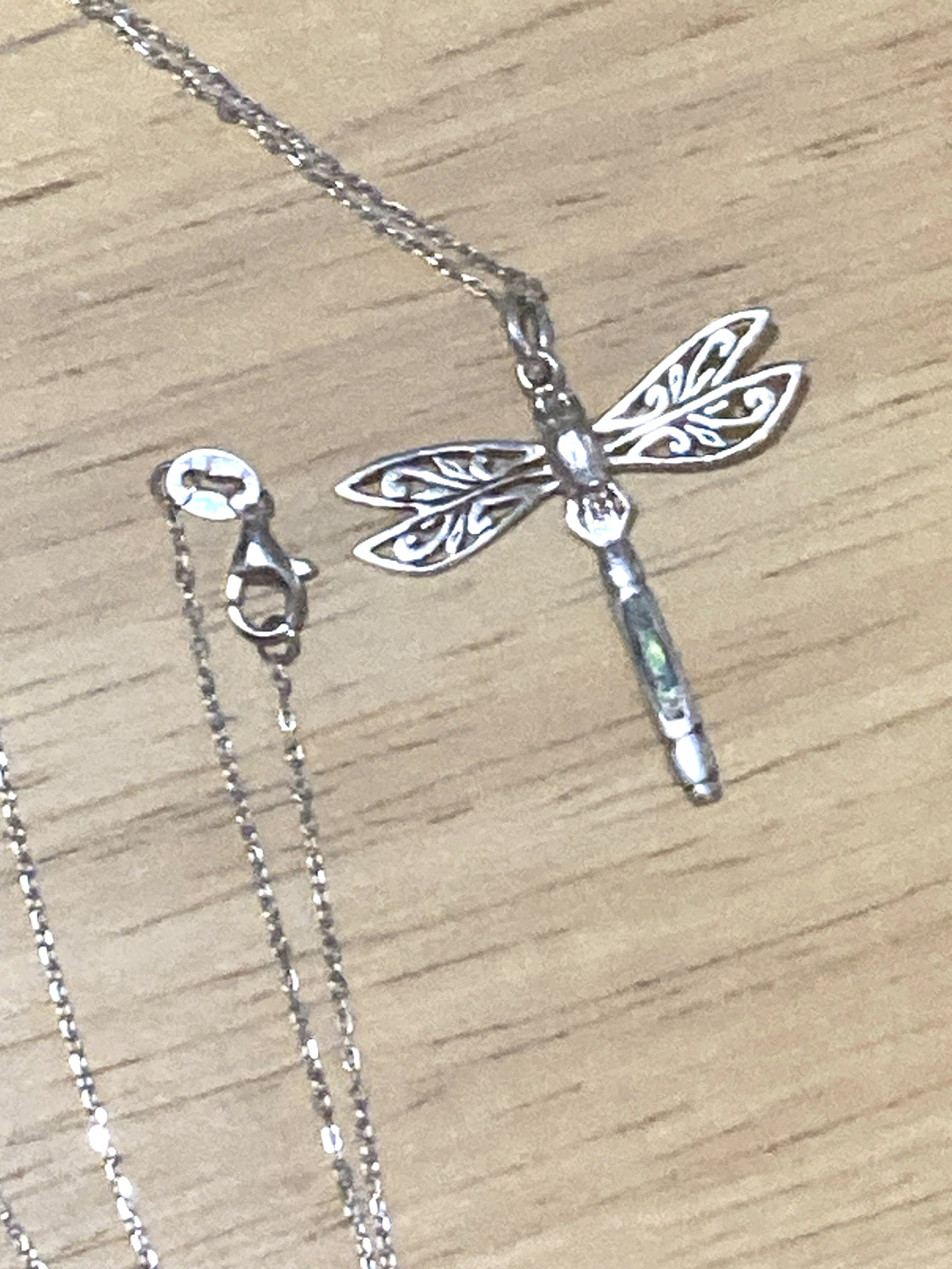 Vintage Peter Stone Pendant Necklace Sterling Silver Dragonfly Abalone Charm 925