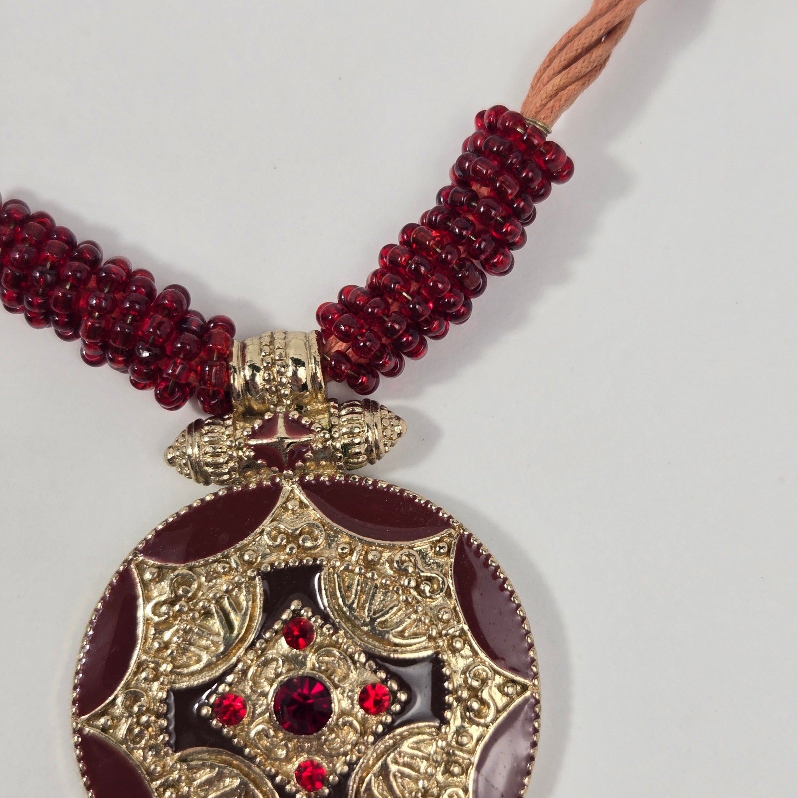Bijoux Terner Red Enamel Gold Tone Medallion Multi Strand Statement Necklace