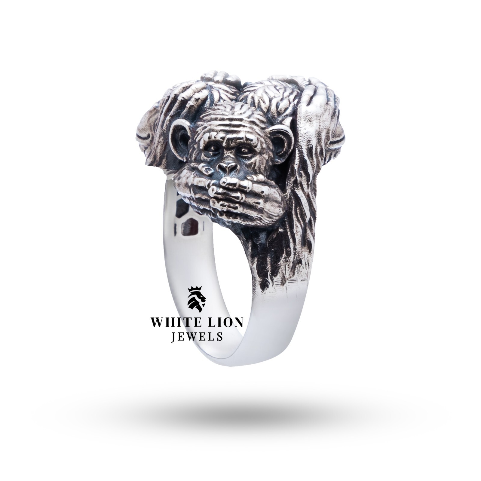 Three Wise Monkeys No Evil Speak Hear See 925 Silver Oxidized Men Biker Ring