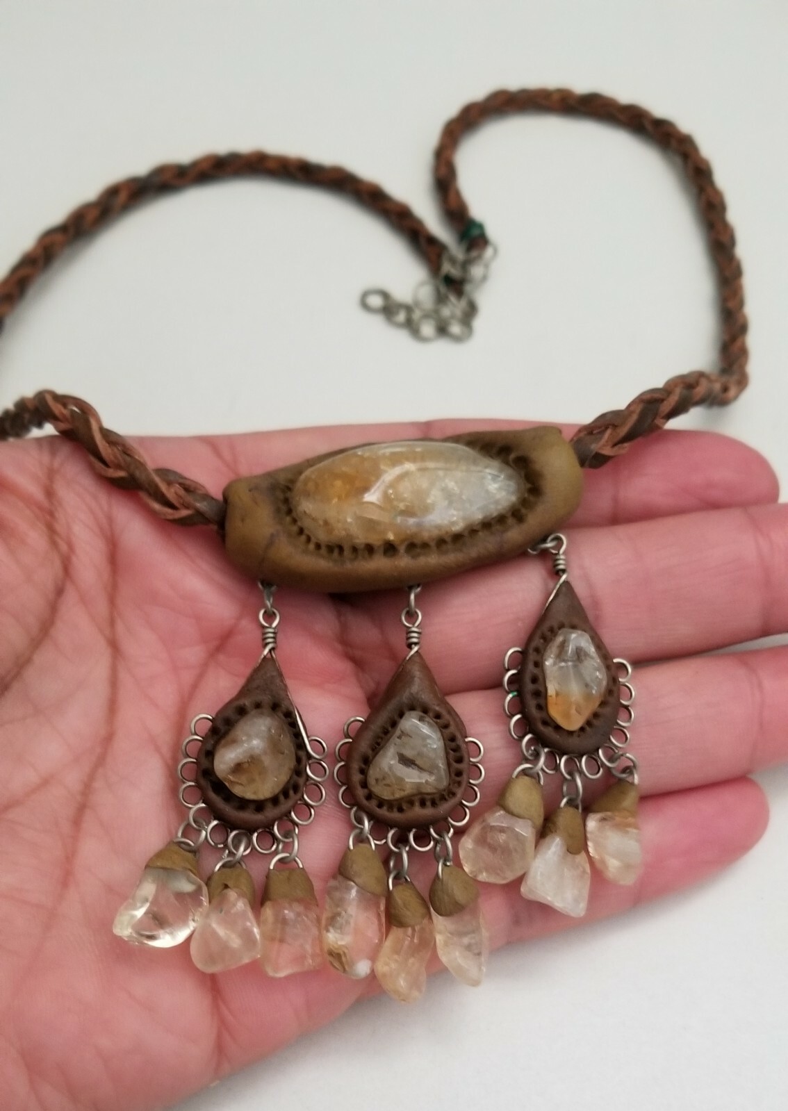 Artisan Crafted Semi- Precious Stone & Clay & Leather Necklace 18.5-20.5″