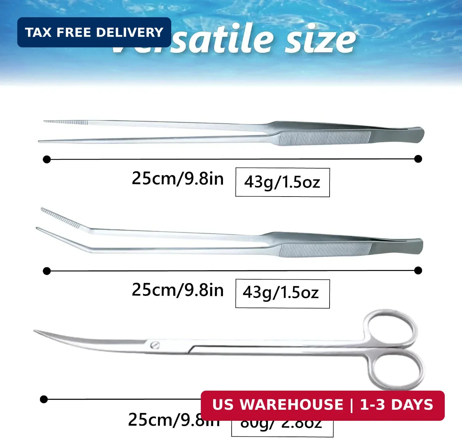 3-Piece Aquascaping Tools Set – 25cm / 9.8in Straight & Curved Long Tweezers, Sc