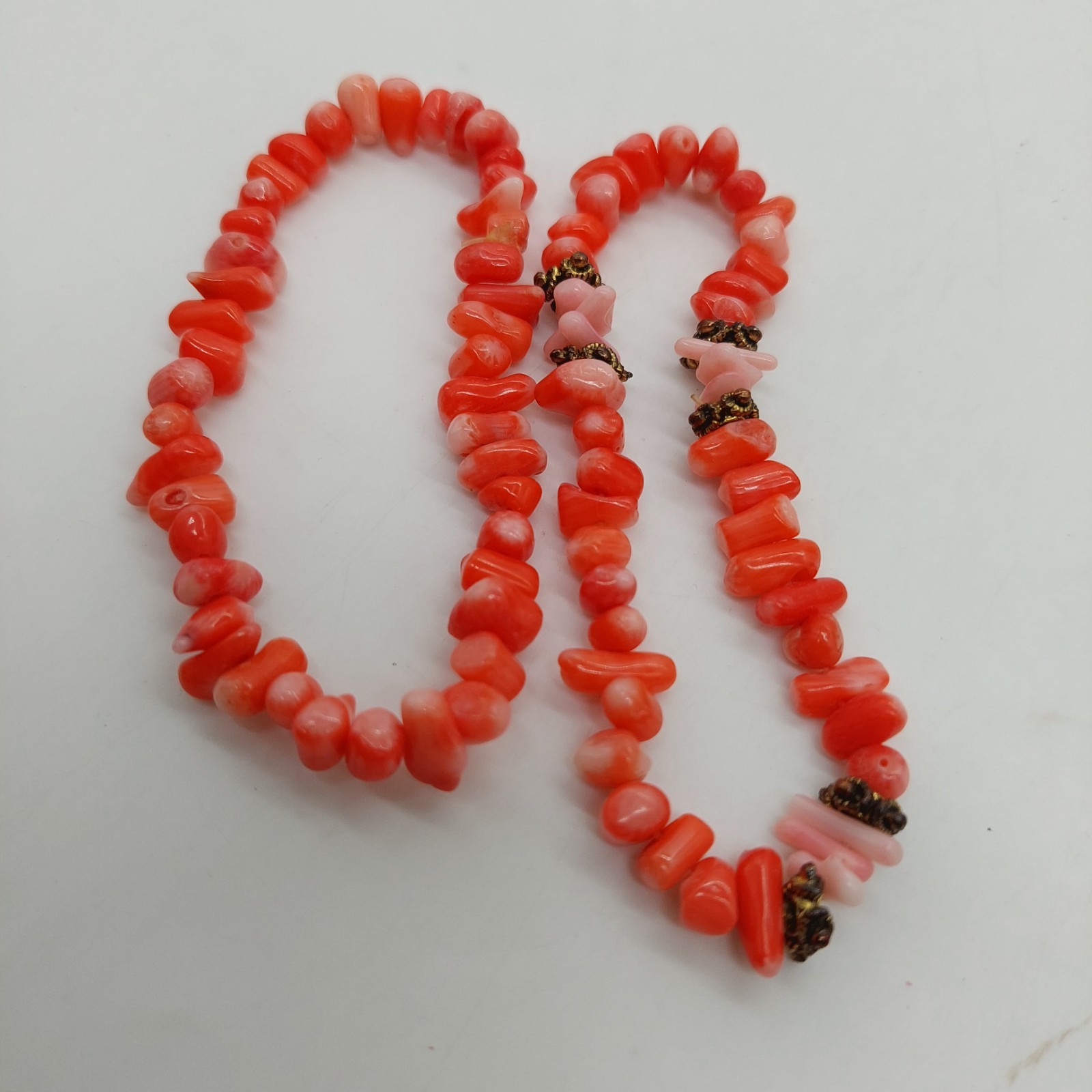 Red Coral Chip Stretch bracelet Set Of 2 Metal Plastic Beads Stones