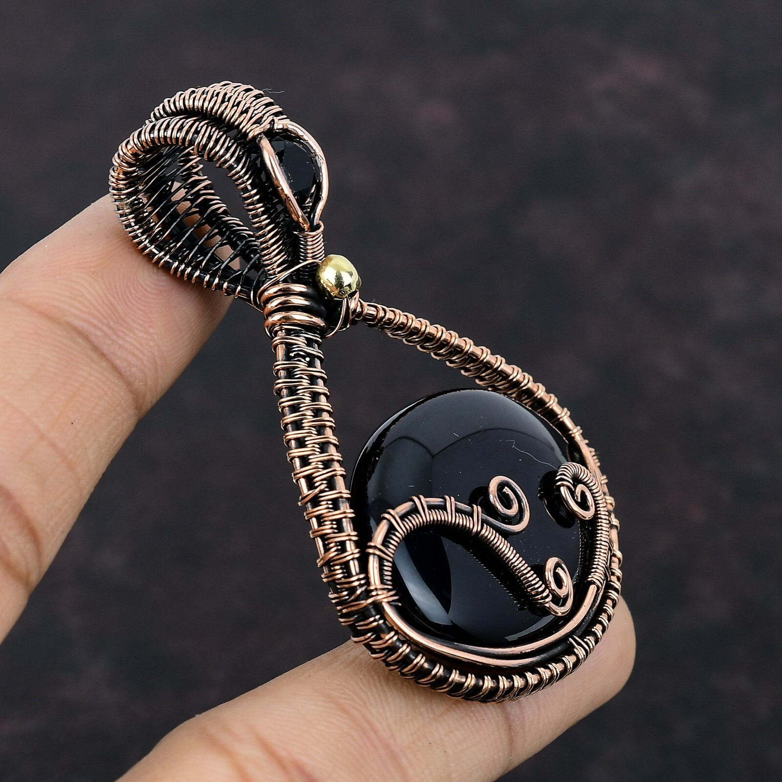 Black Onyx Wire Wrapped Pendant Handcrafted Copper Dailywear Jewelry 2.68″