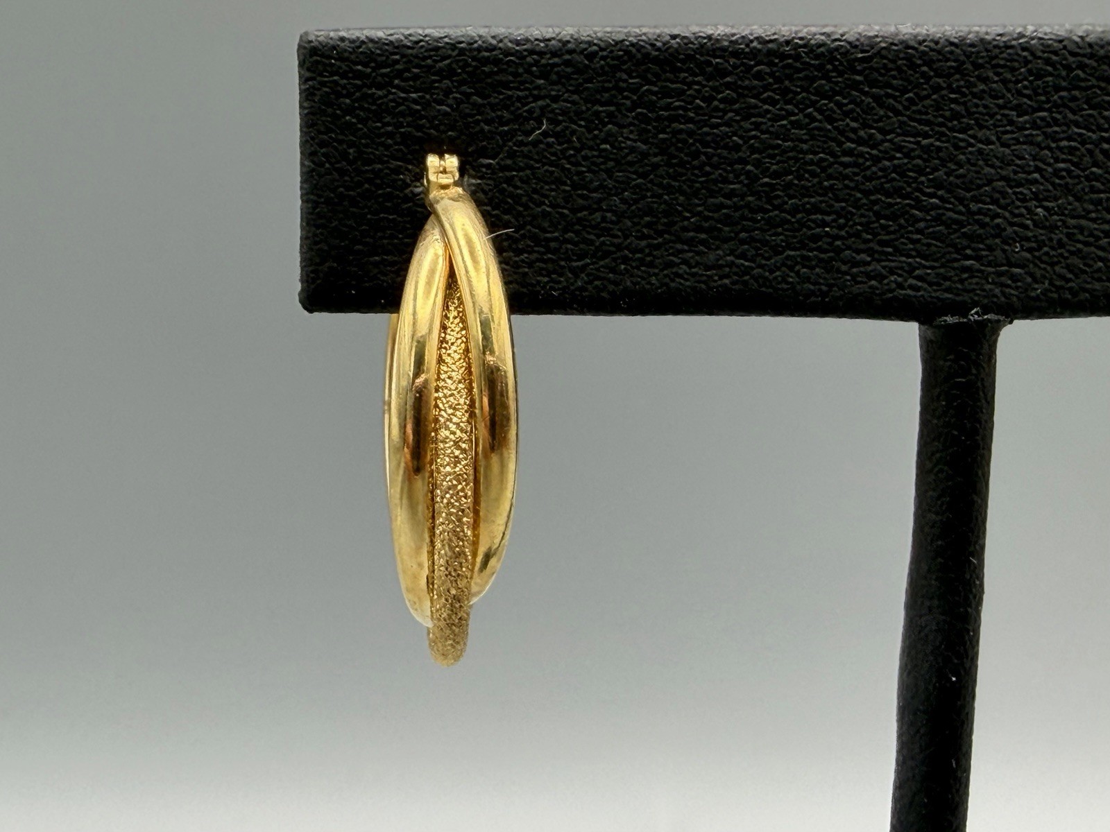 Gold Tone Hoop Earrings Textured Triple Row Snap Closure