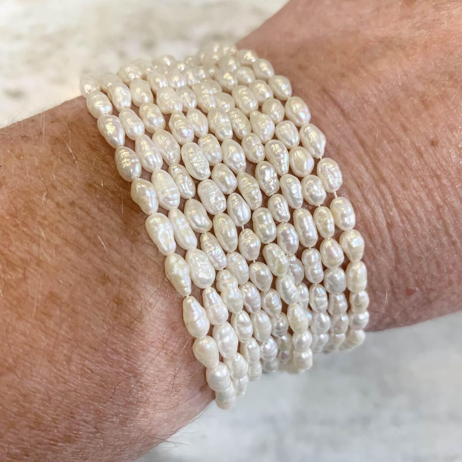 VTG Rice Pearl Necklace Multi 5 Strand Sterling Fancy Clasp Choker Hi Luster “