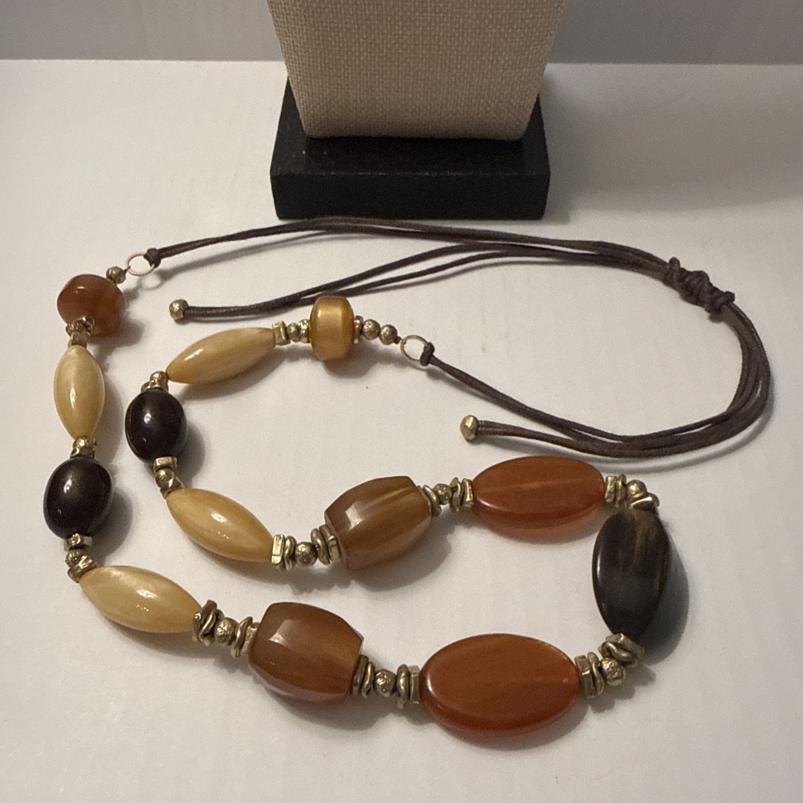 Vtg Amber & Lucite Earth Tone Bead Long Strand Necklace Retro Boho Chic 23” Adj.