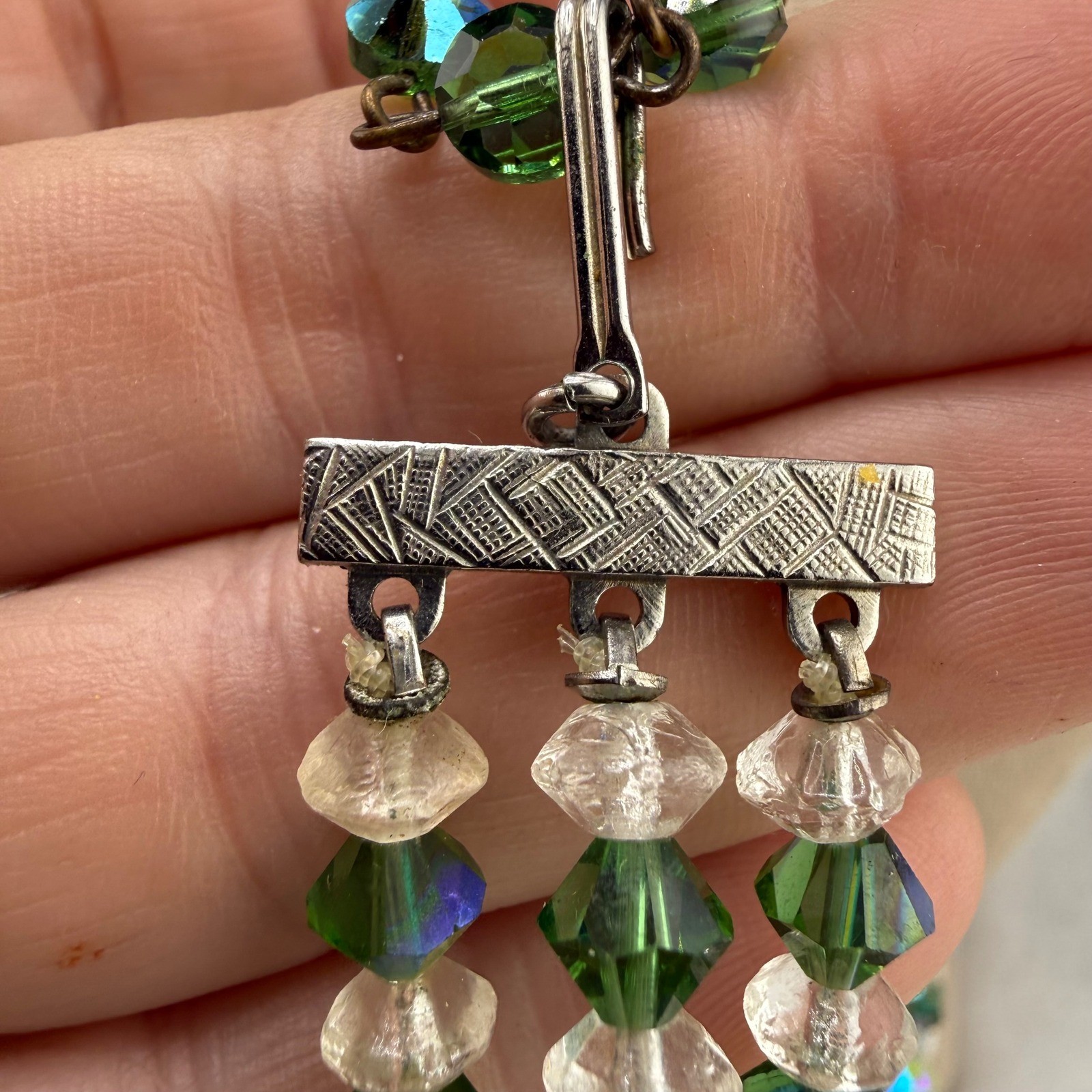 Vintage Lady Alice Jewelry Set Green AB Crystal 3-Strand Necklace Earrings Box