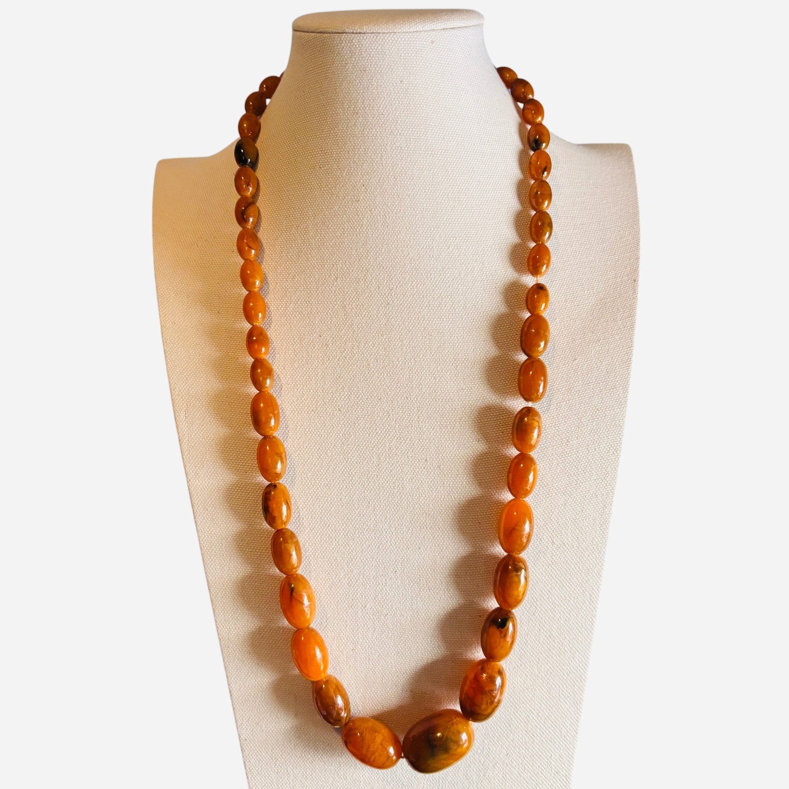 Vintage Faux Amber Graduated Bead Necklace Honey Cognac Marbled Statement 24 In