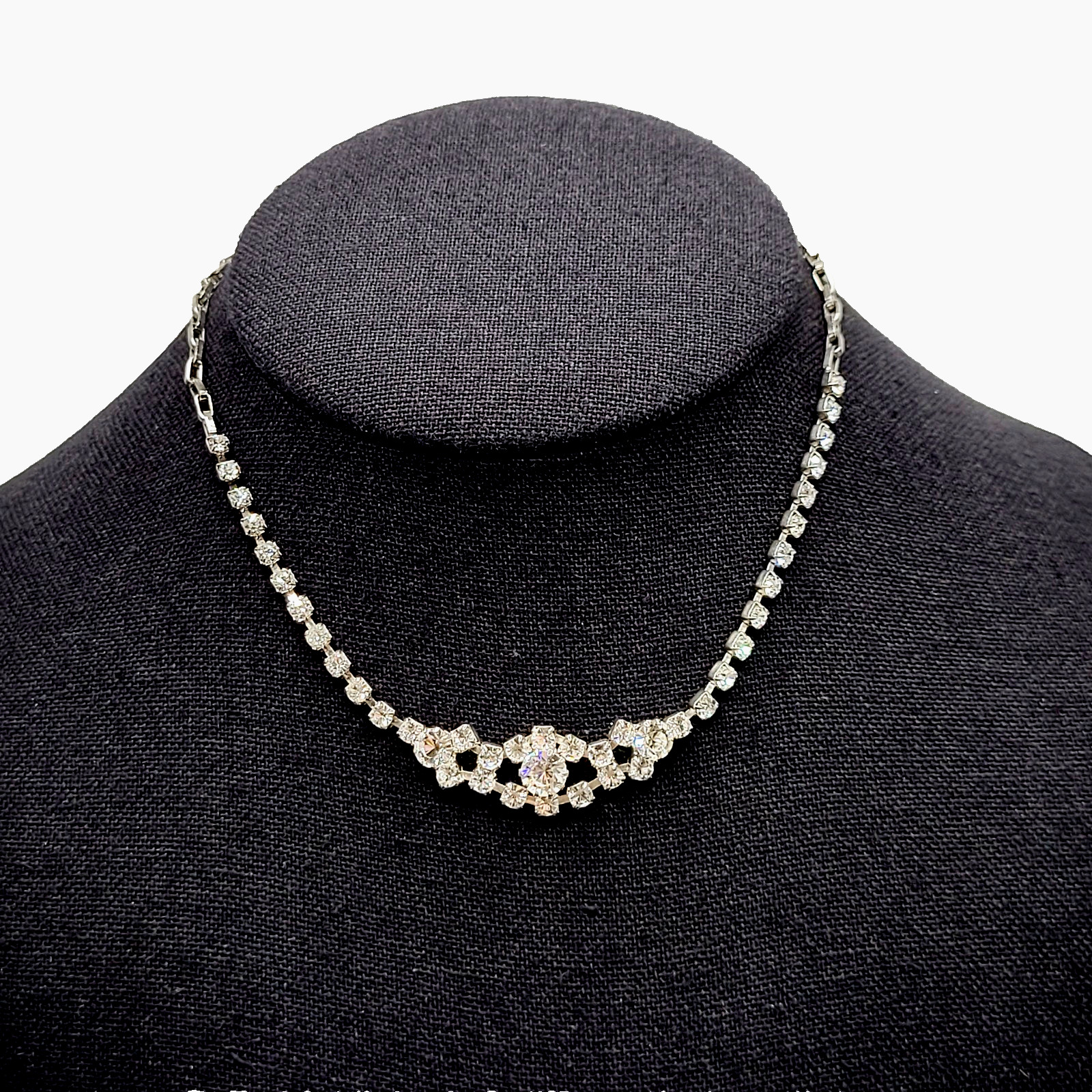Dainty Rhinestone Choker Collar Art Deco Eye Part Chain Vintage Necklace 15 Inch