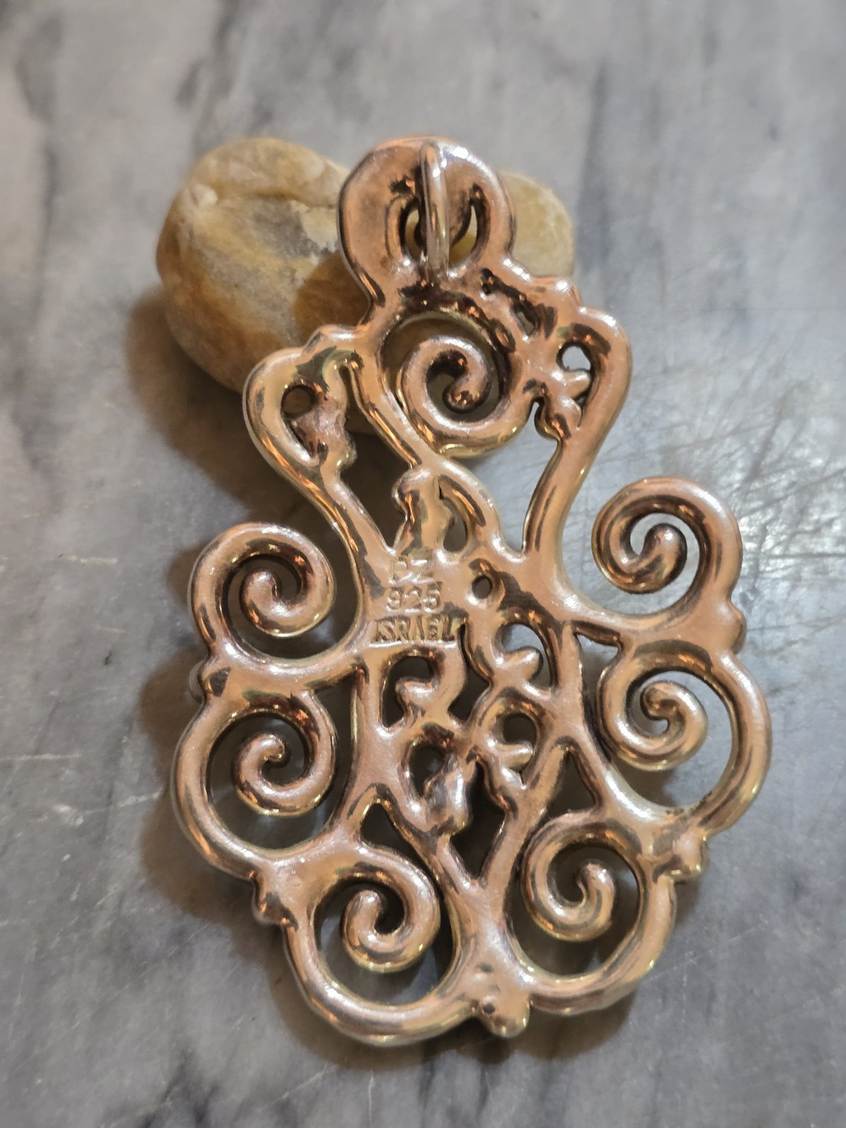 ​Vintage PZ Israel 925 Sterling Silver Scroll Filigree Openwork Puff Pendant…