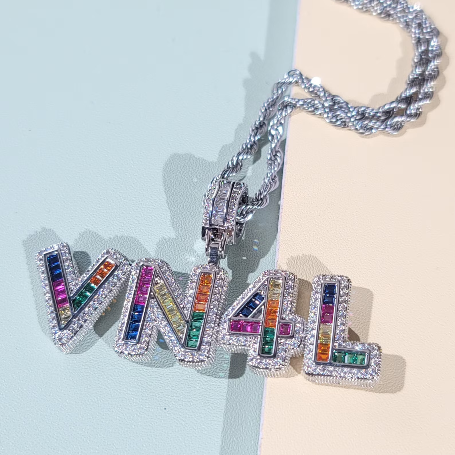 4Ct Baguette Cut Lab-Created MultiColor Custom Name Pendant 14KWhite Gold Plated