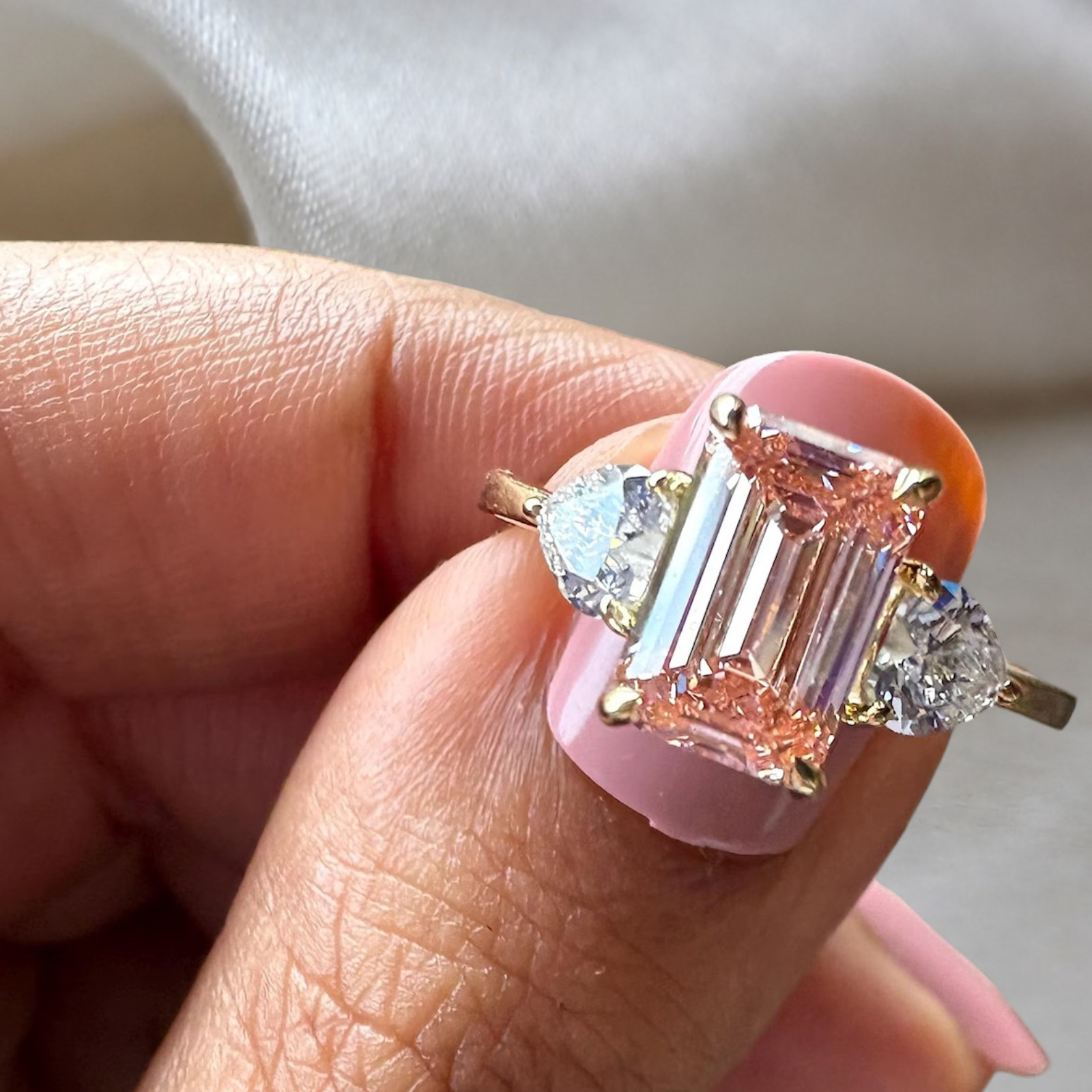 Fancy Intense Pink Diamond Ring Emerald 6.00 Carat IGI Lab Grown 18K Yellow Gold