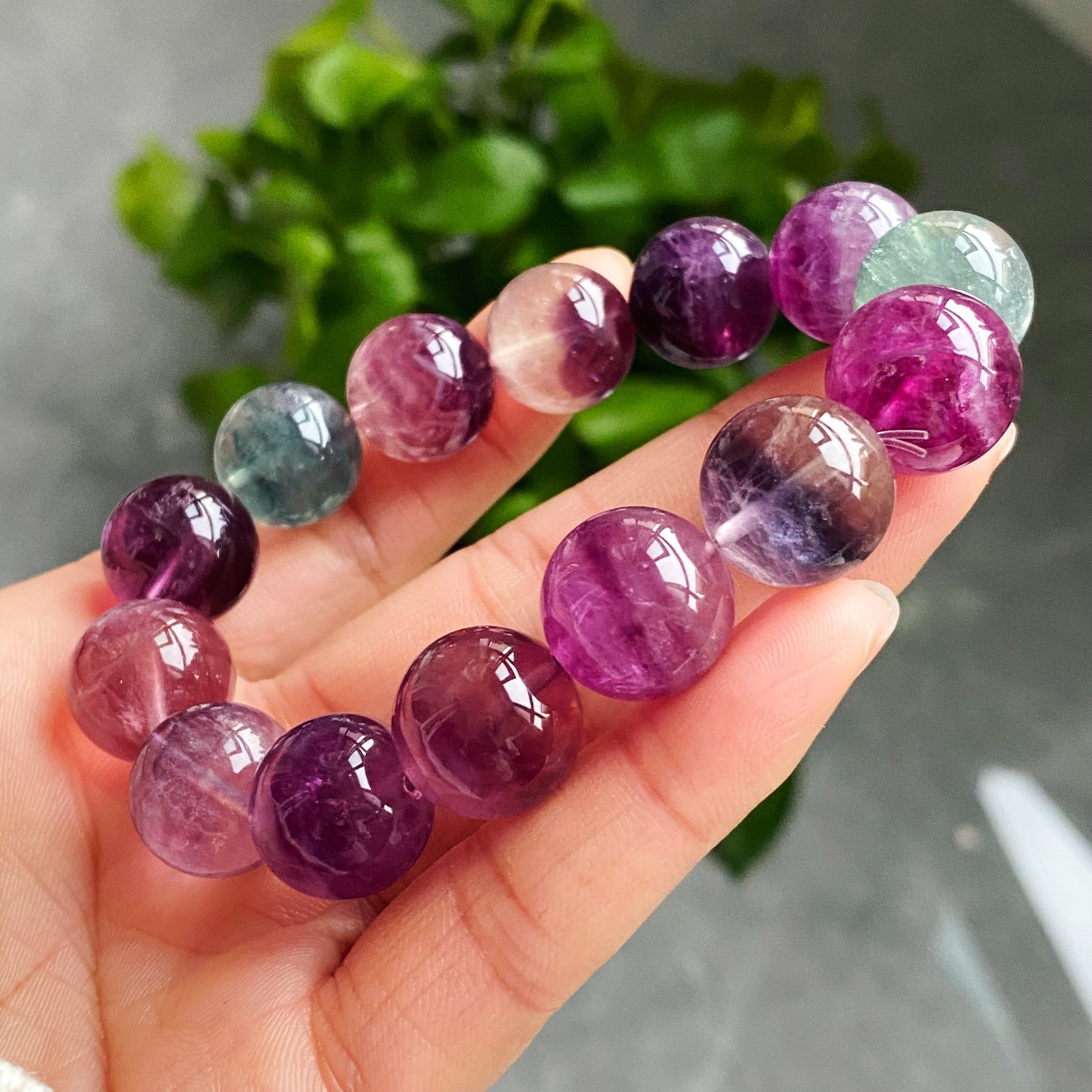 14.7mm Natural Color Fluorite Quartz Crystal Gemstone Beads Bracelet 2944