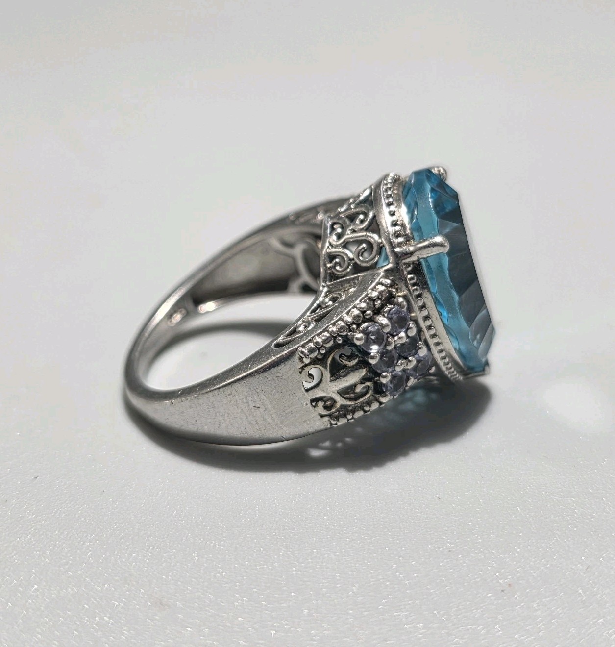 Vintage 925 Sterling Silver Statement Ring w/ Large Blue Topaz Sz 9 Cocktail