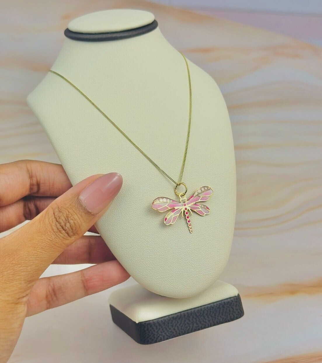 14K Solid Gold Pink Dragonfly Pendant Insect, Animal Necklace Hand-Painted Italy