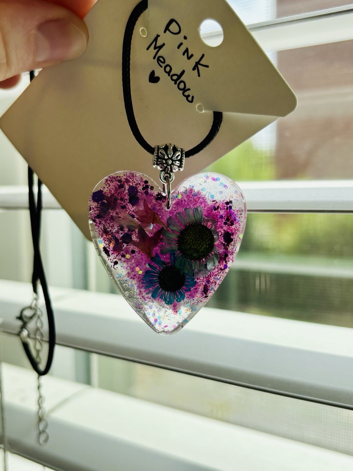 Pink Meadow Resin Heart Necklace Handmade Dried Flower Pink Pendant