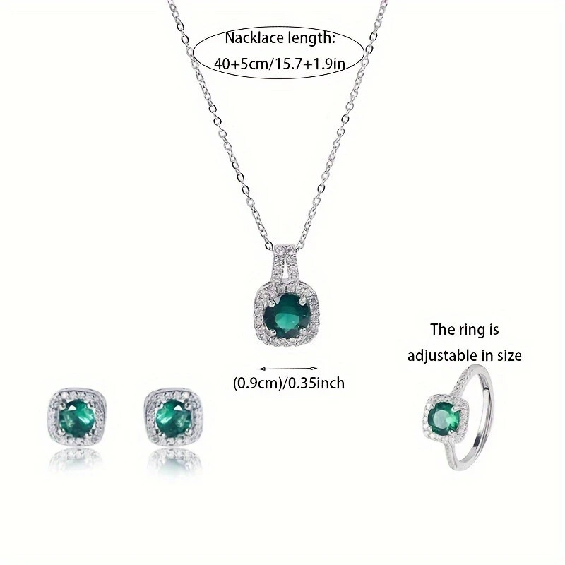 Ring Necklace & Earring Set 14K Yellow Gold Plated Round Lab Created Emerald