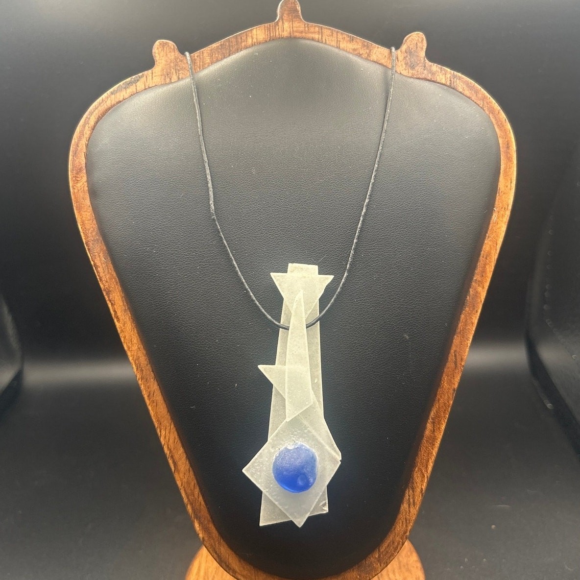 Handmade White Light Blue Fused Art Glass Pendant Cord Necklace Studio