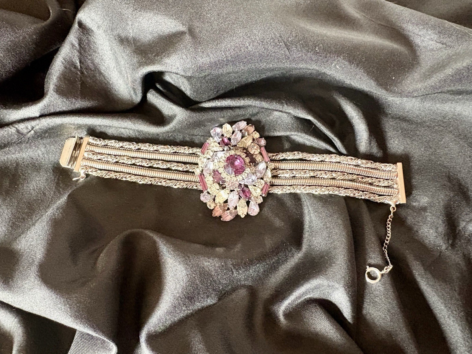 Vintage Signed Hobe’ Parure Amethyst Rhinestone Necklace Bracelet Earrings RARE