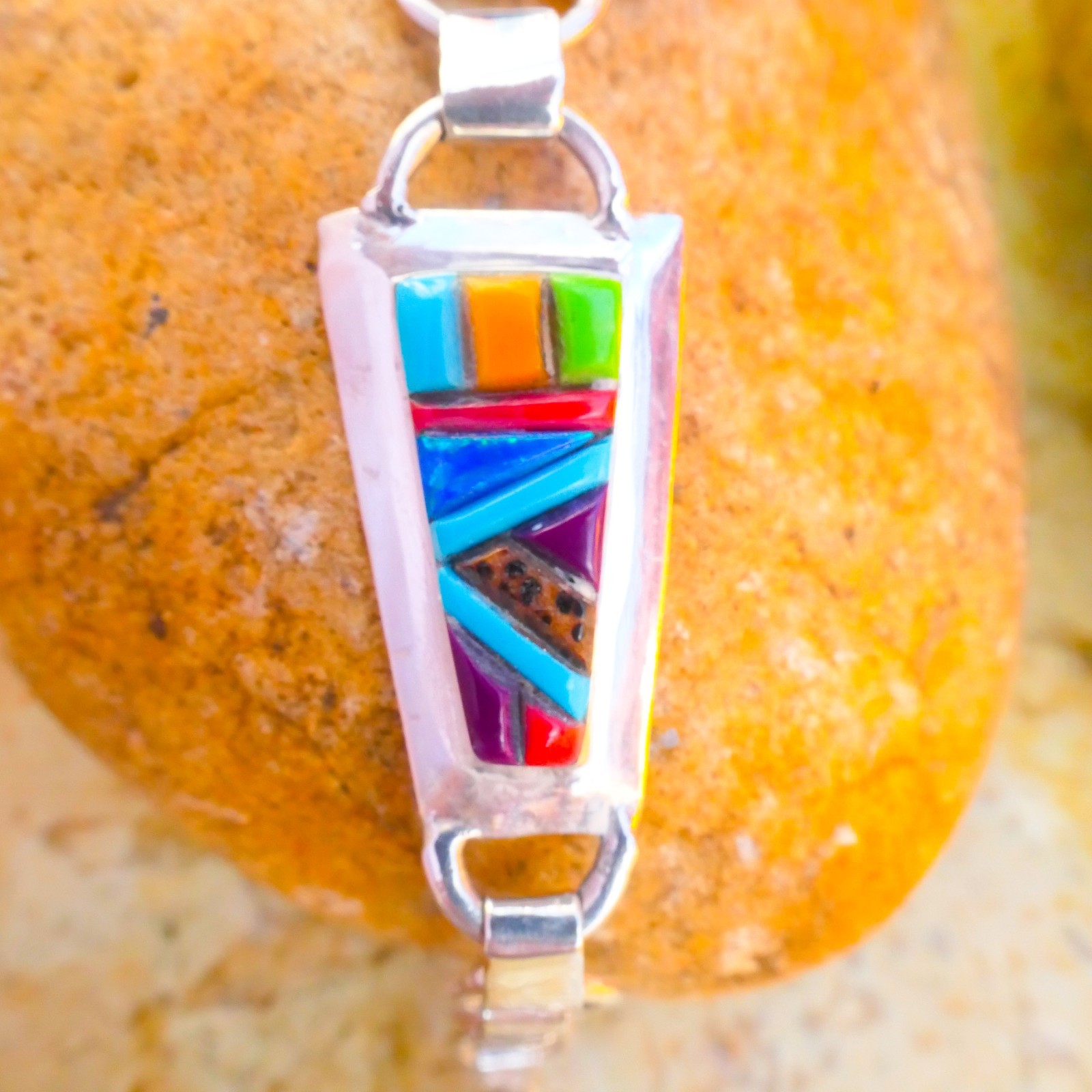 Native Sterling Silver Multi-Gemstone Inlay Cobblestone Toggle Bracelet 17.55g