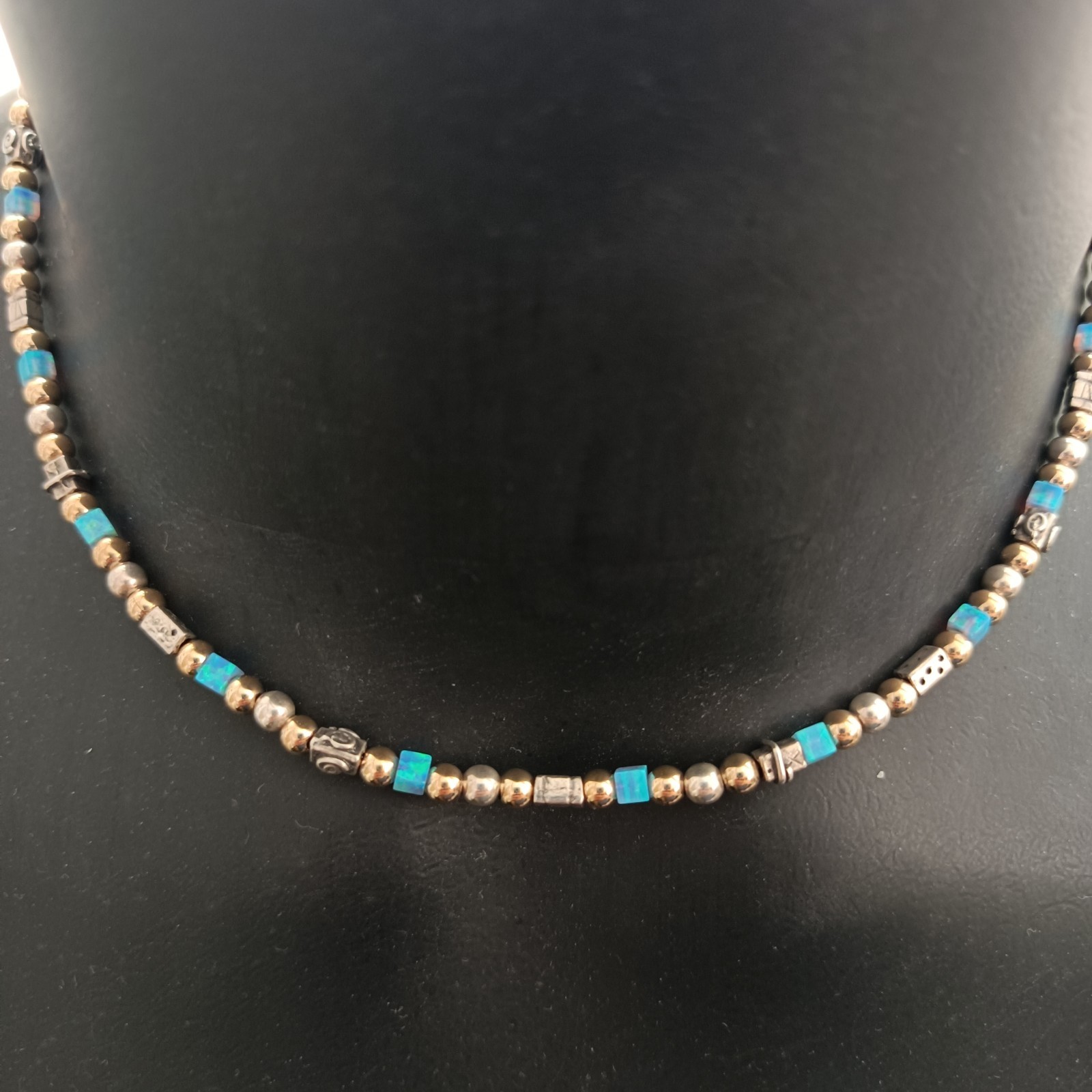 Israeli Modernist Necklace Sterling Silver Gold Filled Artisan Chic Blue Stone