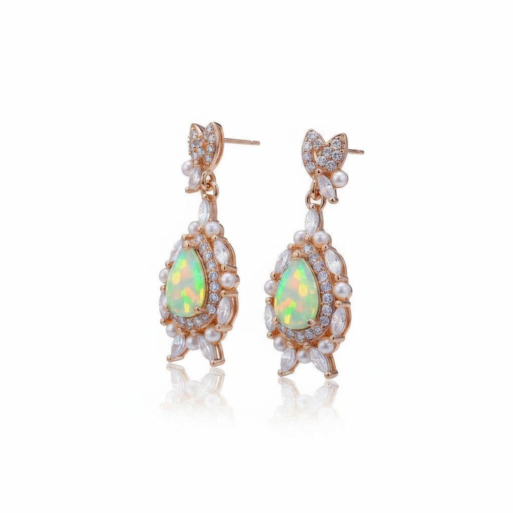 Fire Opal Elegant Drop Dangle Earrings 4x5mm 925 Sterling With Platinum Plating
