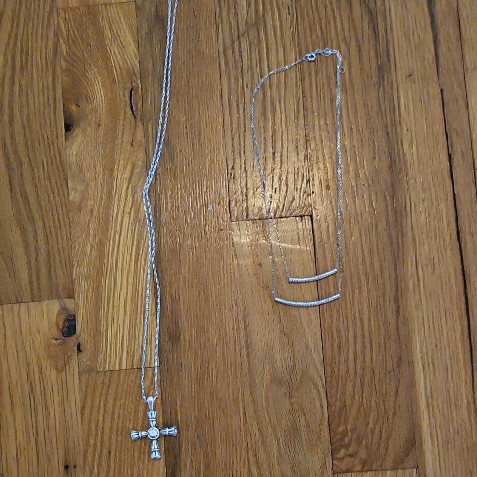 Lot of 2 Silver Tone Pendant Necklaces Cross Crystal & Double Bar, Double Strand
