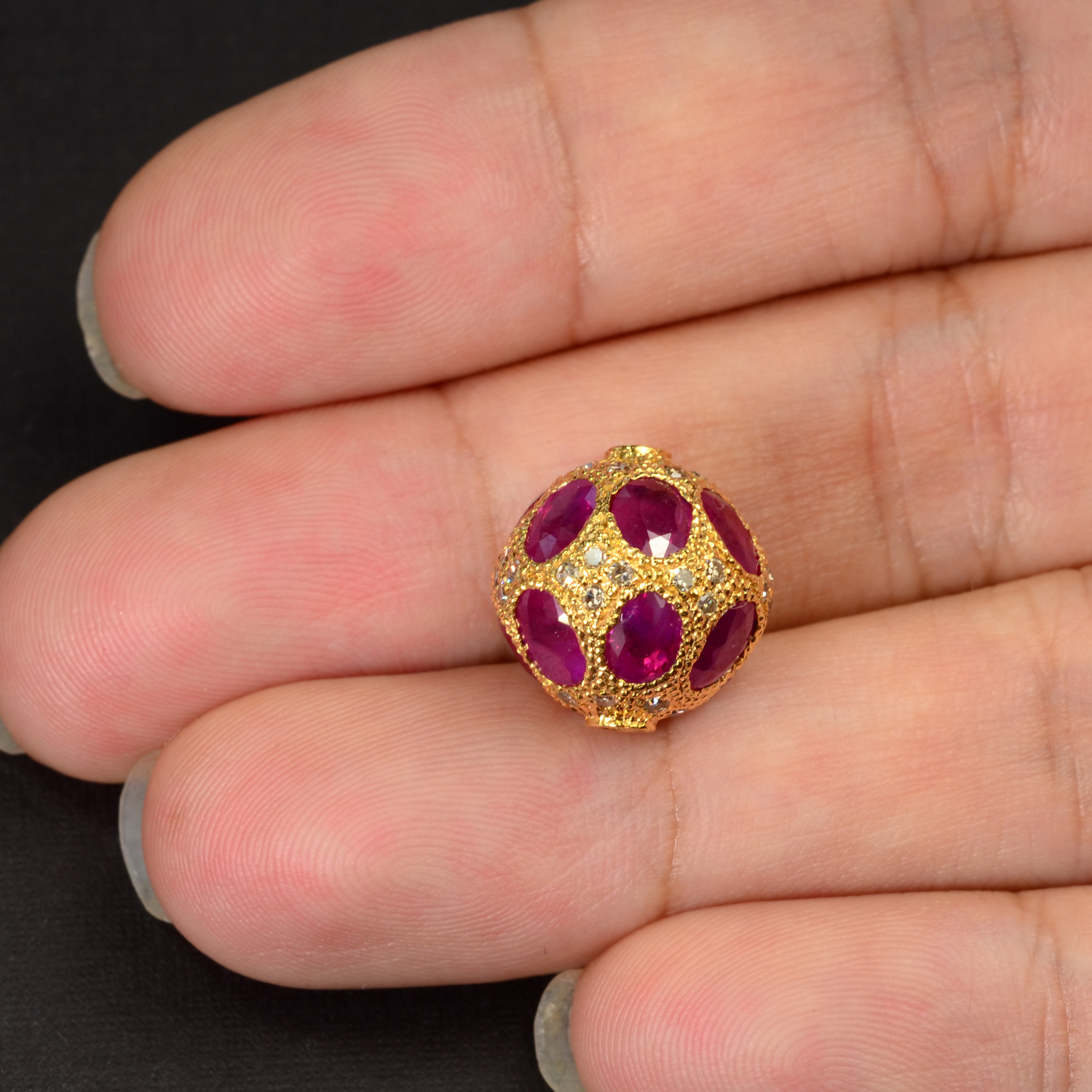 12.3MM 18k Solid Yellow Gold Natural Ruby Champagne Diamond Spacer Pendant Bead
