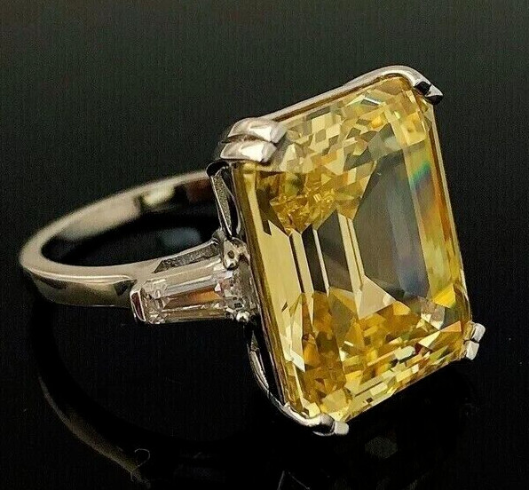 RARE 8.40 Ct Champagne Emerald Cut Solitaire Treated Diamond 925 Silver Ring
