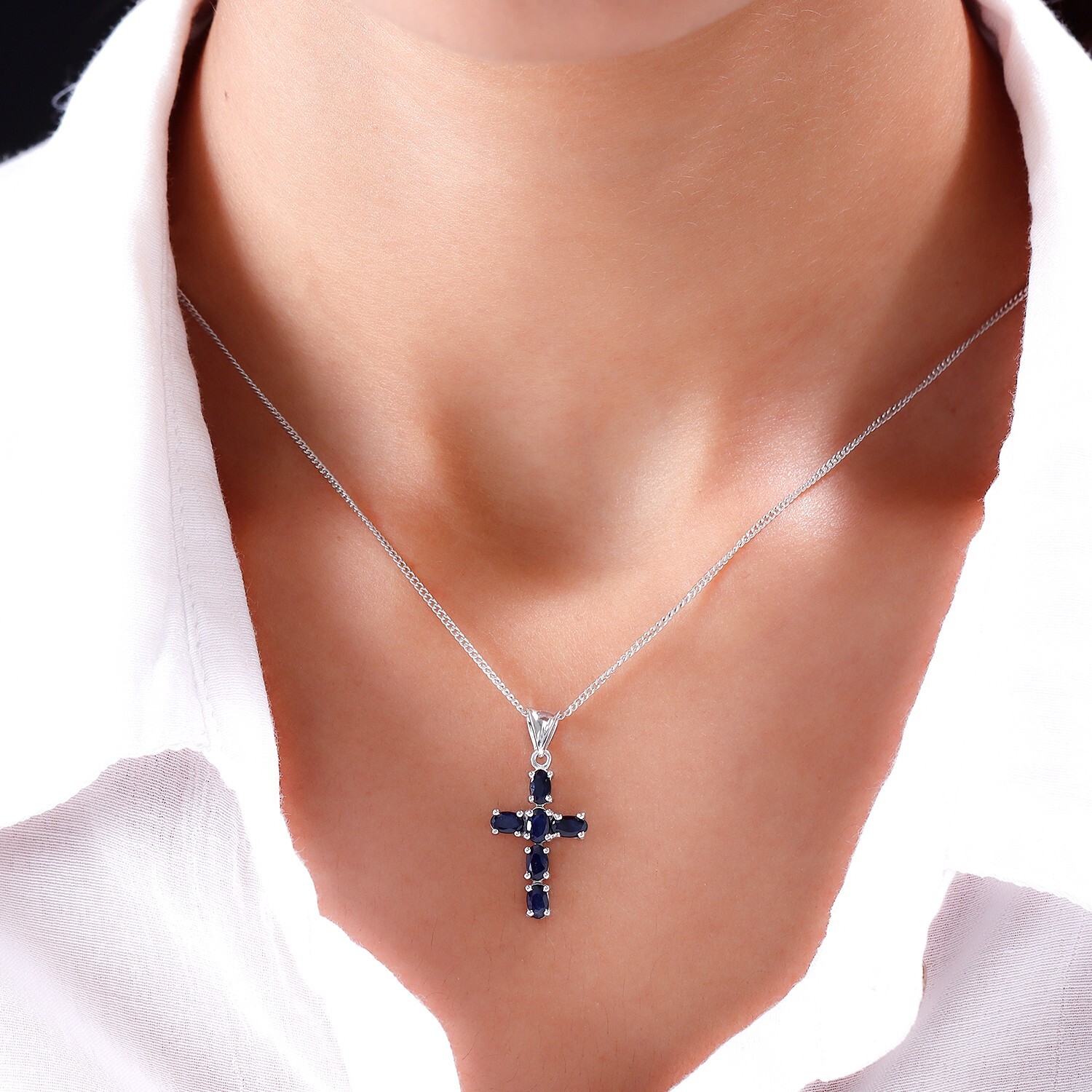Diffused Blue Sapphire Cross Pendant Necklace 925 Silver Religious necklace