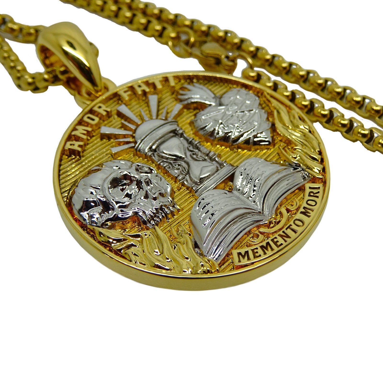 Amor Fati Memento Mori Stoic Medallion Pendant Necklace Gold Plated with Chain