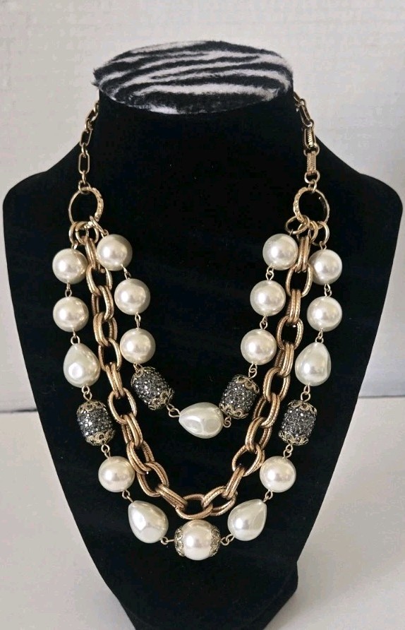 Gold Tone Faux Glass Pearl & Acrylic Crystal Beads Multi Strand Collar Necklace
