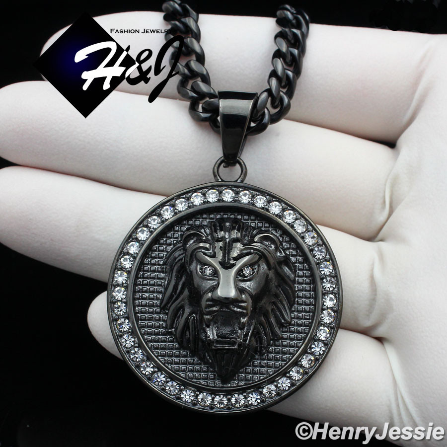 18″-40″MEN Stainless Steel 6mm Black Plated Cuban Curb Chain CZ LION Pendant*109