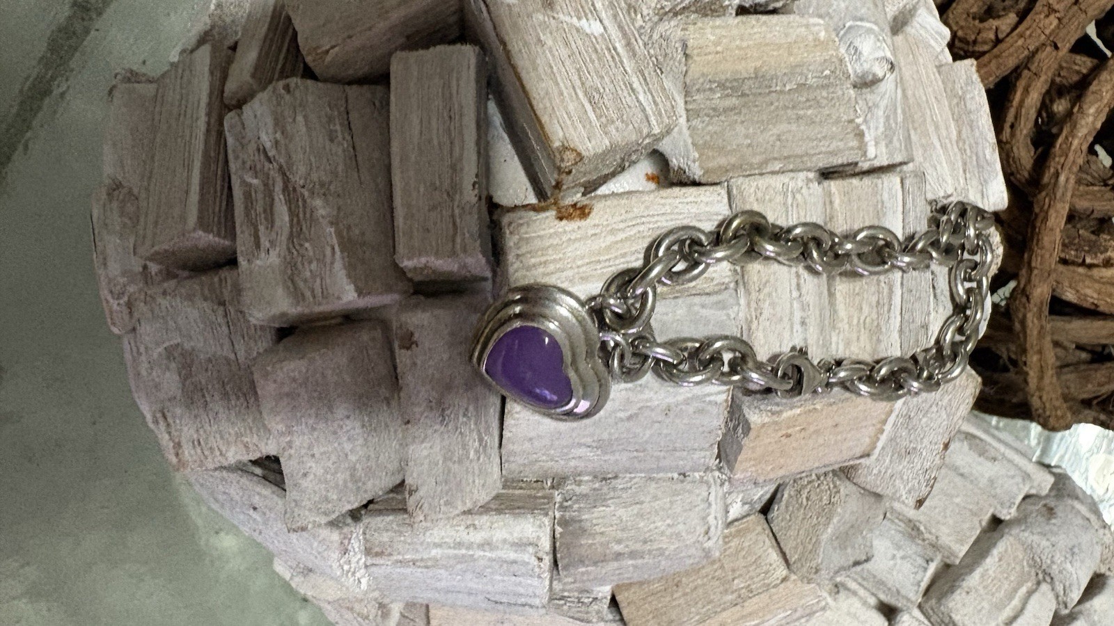 925 Sterling Silver Oval Link Charm Bracelet Toggle Heart Lavender Jade Signed