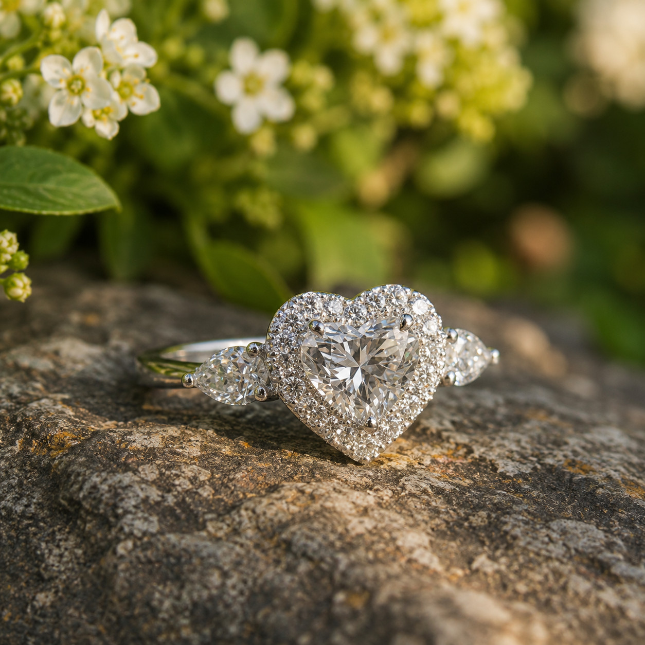 3Ct Heart Lab Created Diamond Halo Engagement Ring 14K White Gold Plated Silver