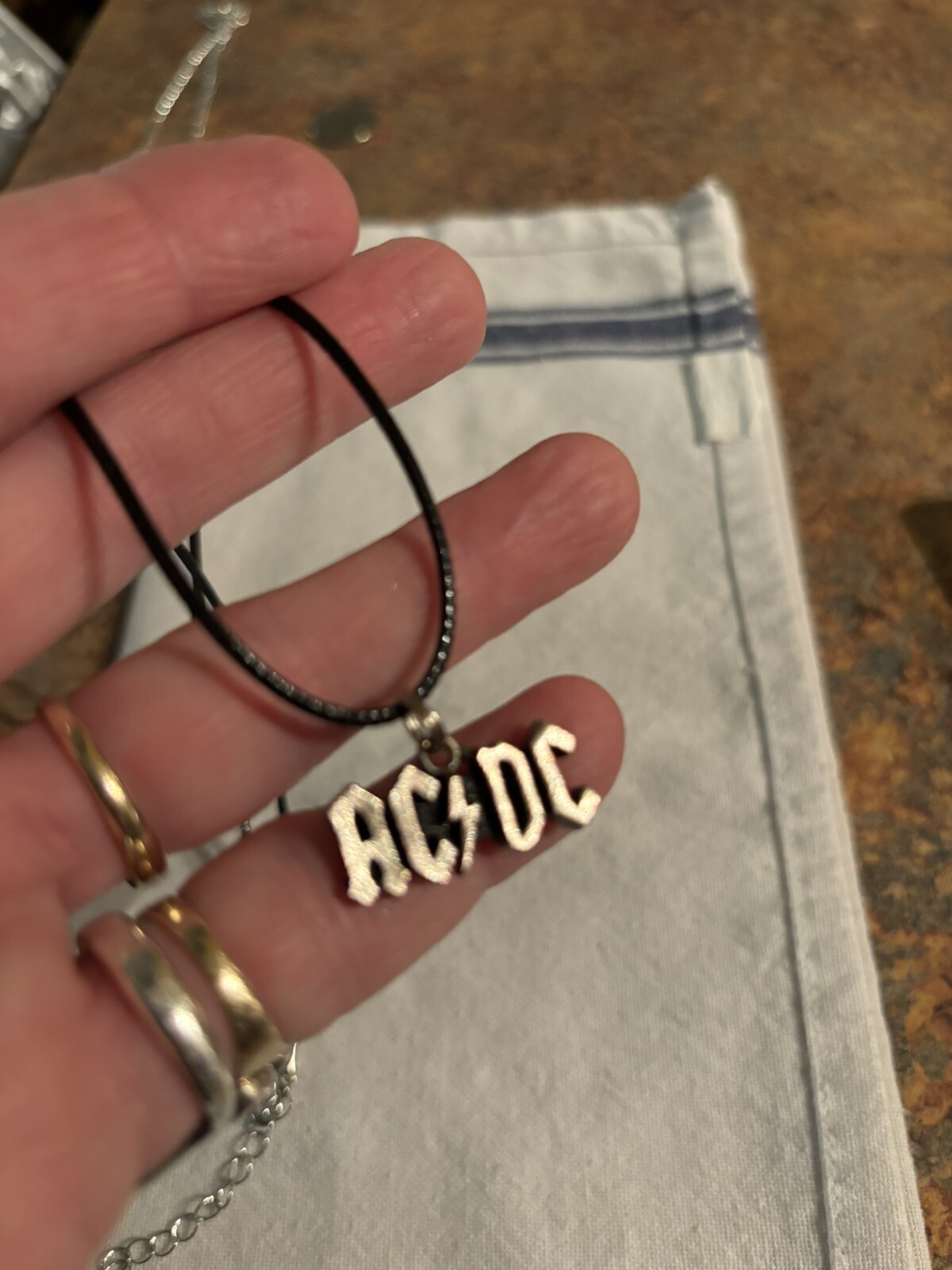 NEW Pewter ACDC band pendant charm on 17″ adjustable black waxed necklace cord