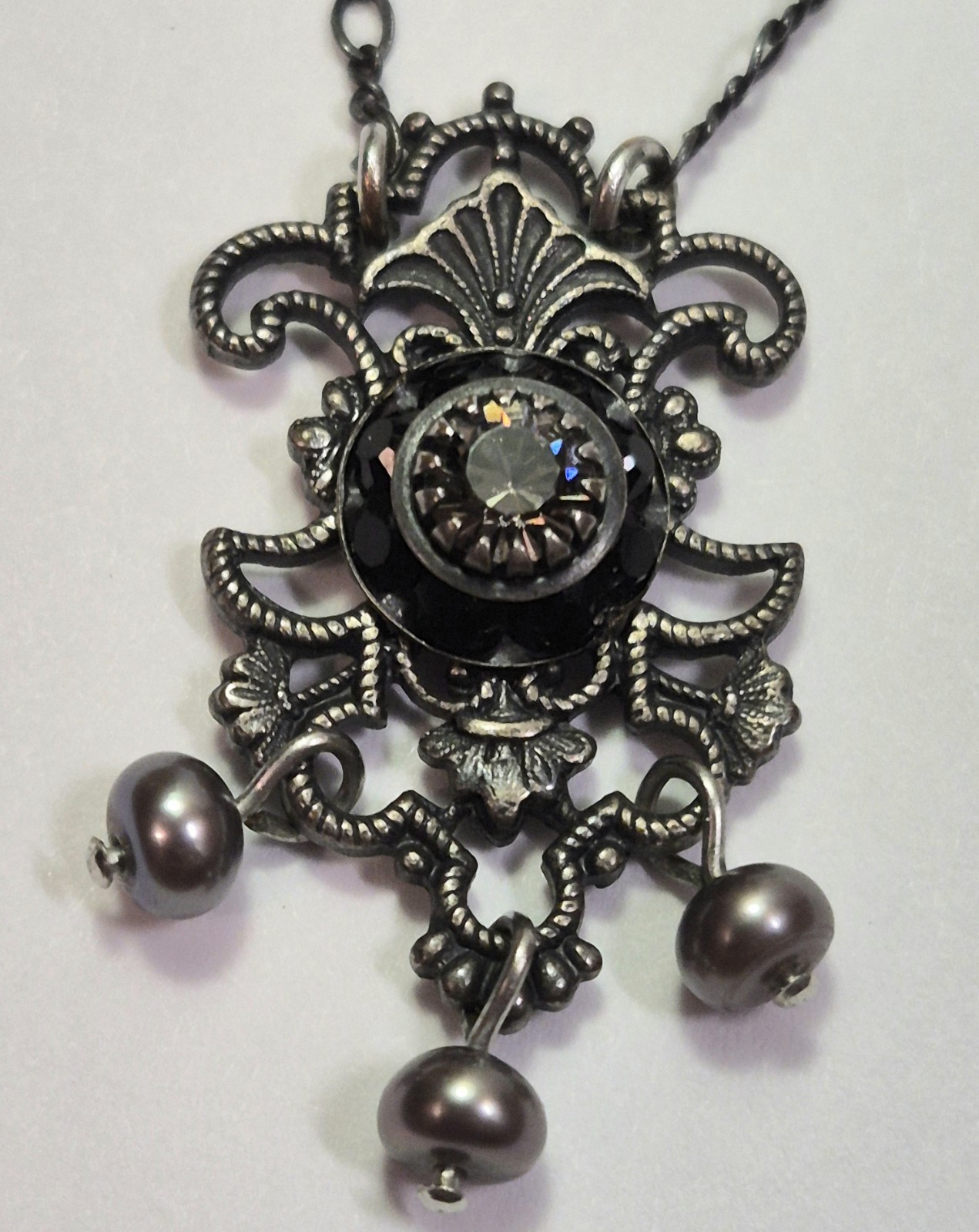 Vintage LIZ PALACIOS Necklace Dainty Crystal Pearl Black & Grey Delicate Signed