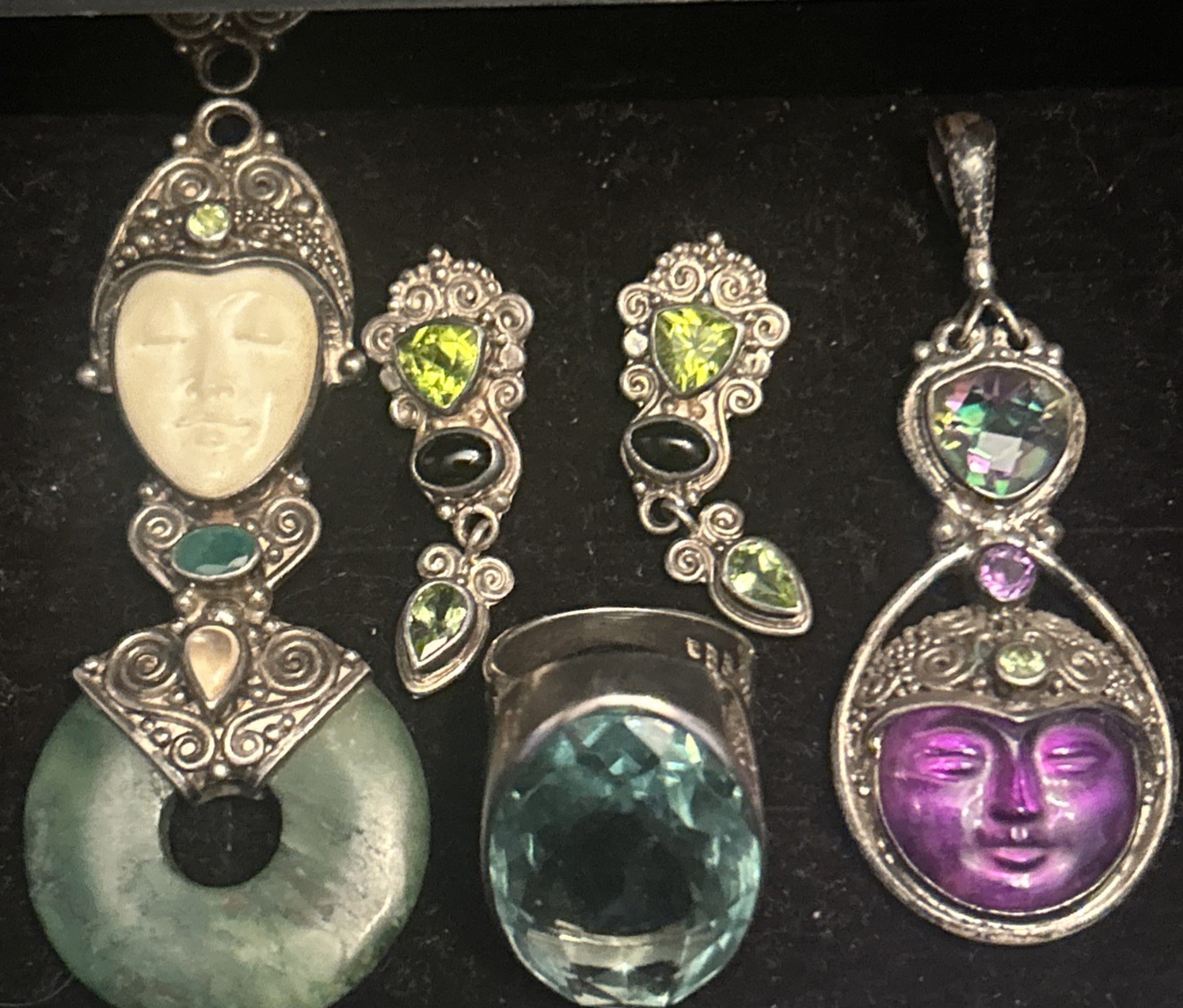 ALL SAJEN Sterling 925 Carved Amethyst Moon Face Pendant Jade Mystic Topaz WOW!