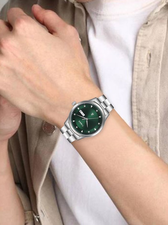 Timex Mens Watch Green Solid Dial Silver Stainless Steel Bracelet Calendar 30M