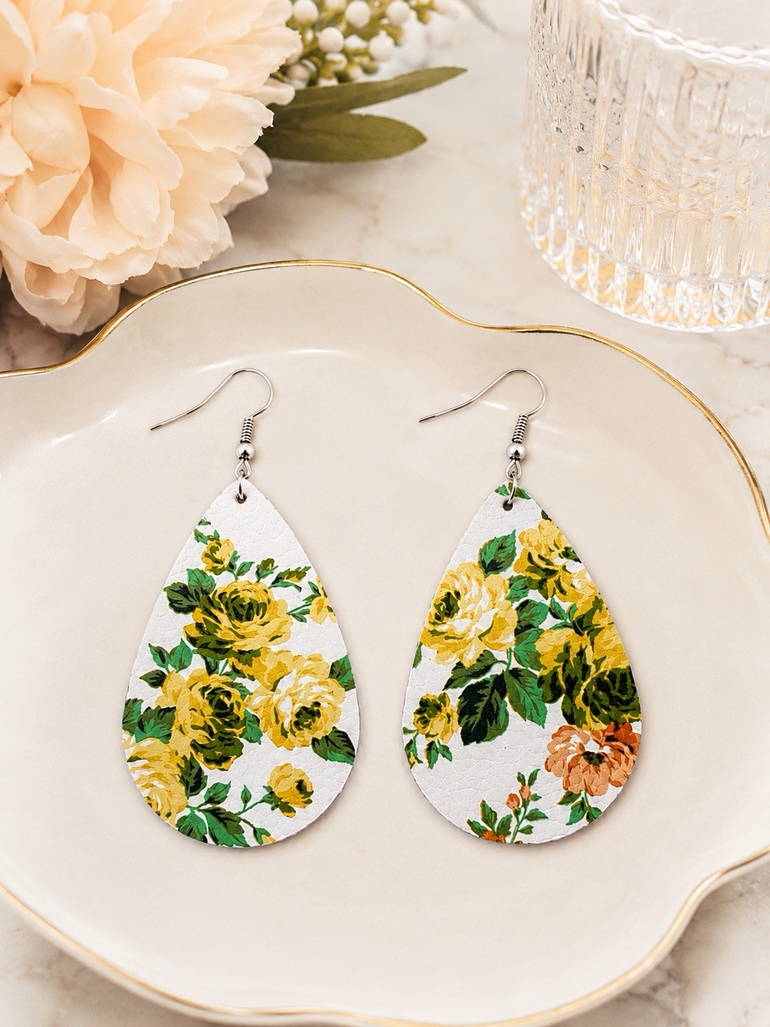Floral Teardrop Faux Leather Earrings Yellow Rose Print Gift Box Included