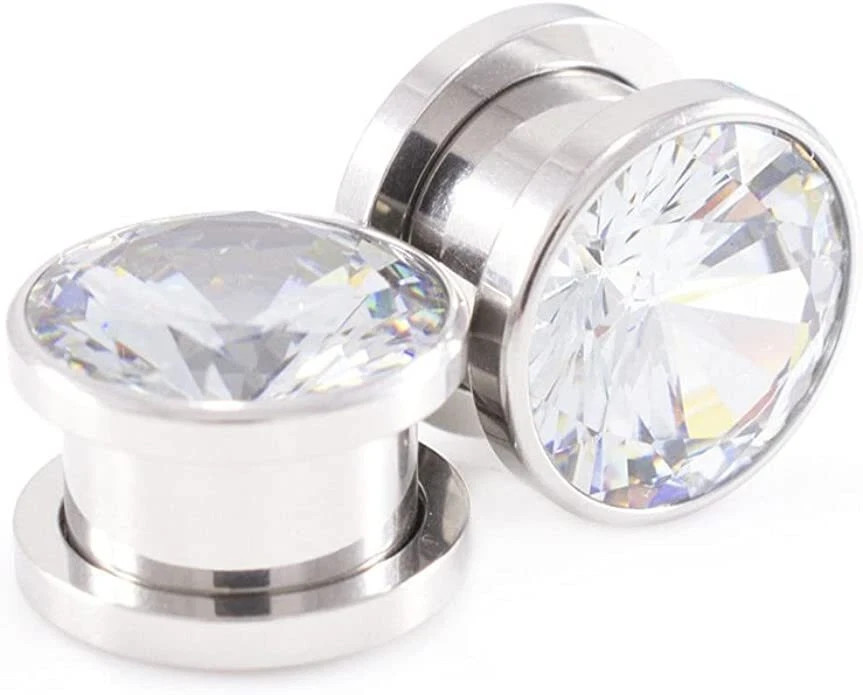 Pair of Ear Plugs Large CZ Gem Screw-Fit 316L Surgical Steel – 4 Color Available