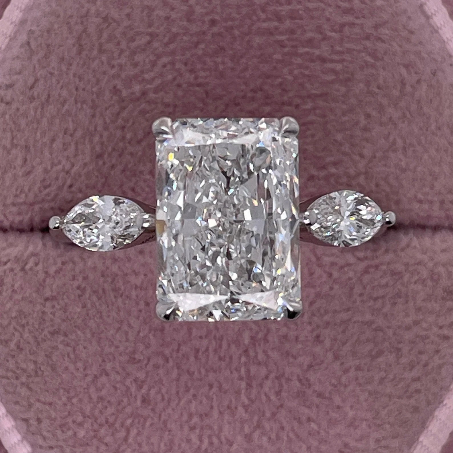 Lab Grown 4.50 Carat E Color VVS2 Clarity Radiant Cut Three Stone Diamond Ring